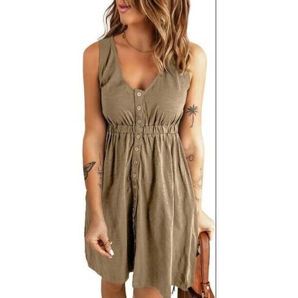 Blencot YL5W2211257 Women's Sz Large Khaki Sleeveless Button Down Casual Dress - Picture 9 of 9